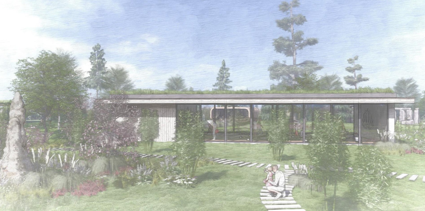 Vizualizace proskleného dřevěného pavilonu
