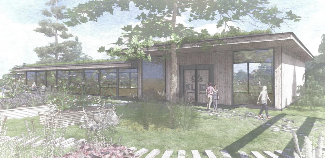 Architektonická vizualizace vstupní budovy s terasou